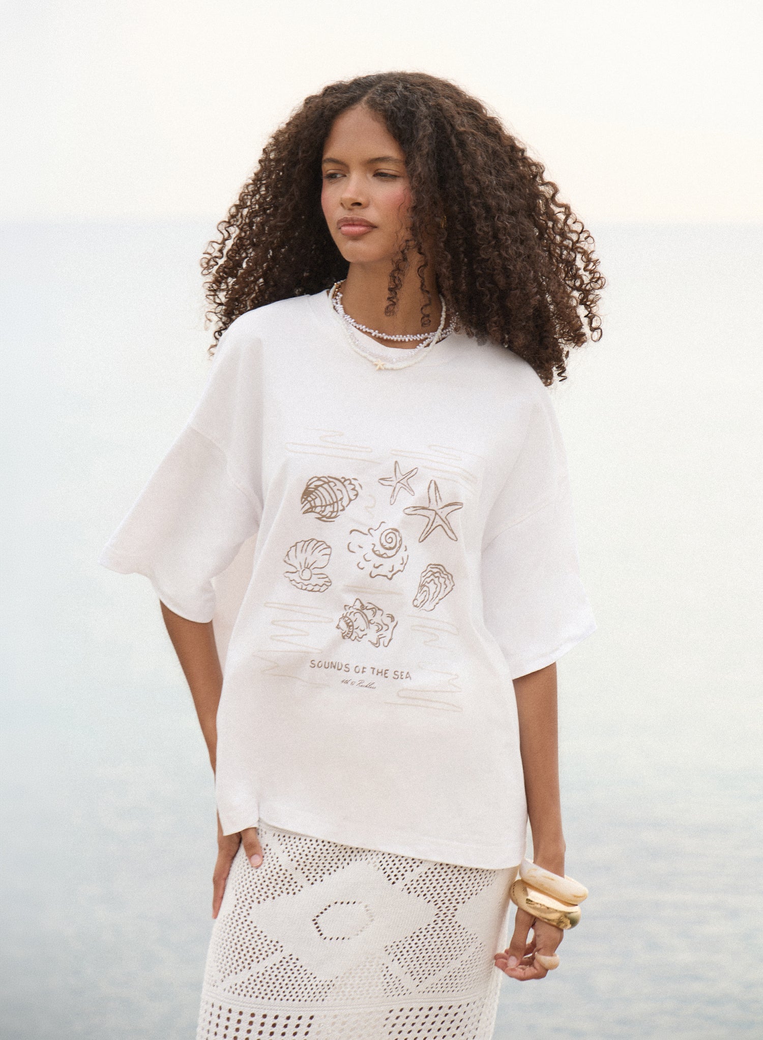 Cream Beach Graphic Printed Cotton T-Shirt
